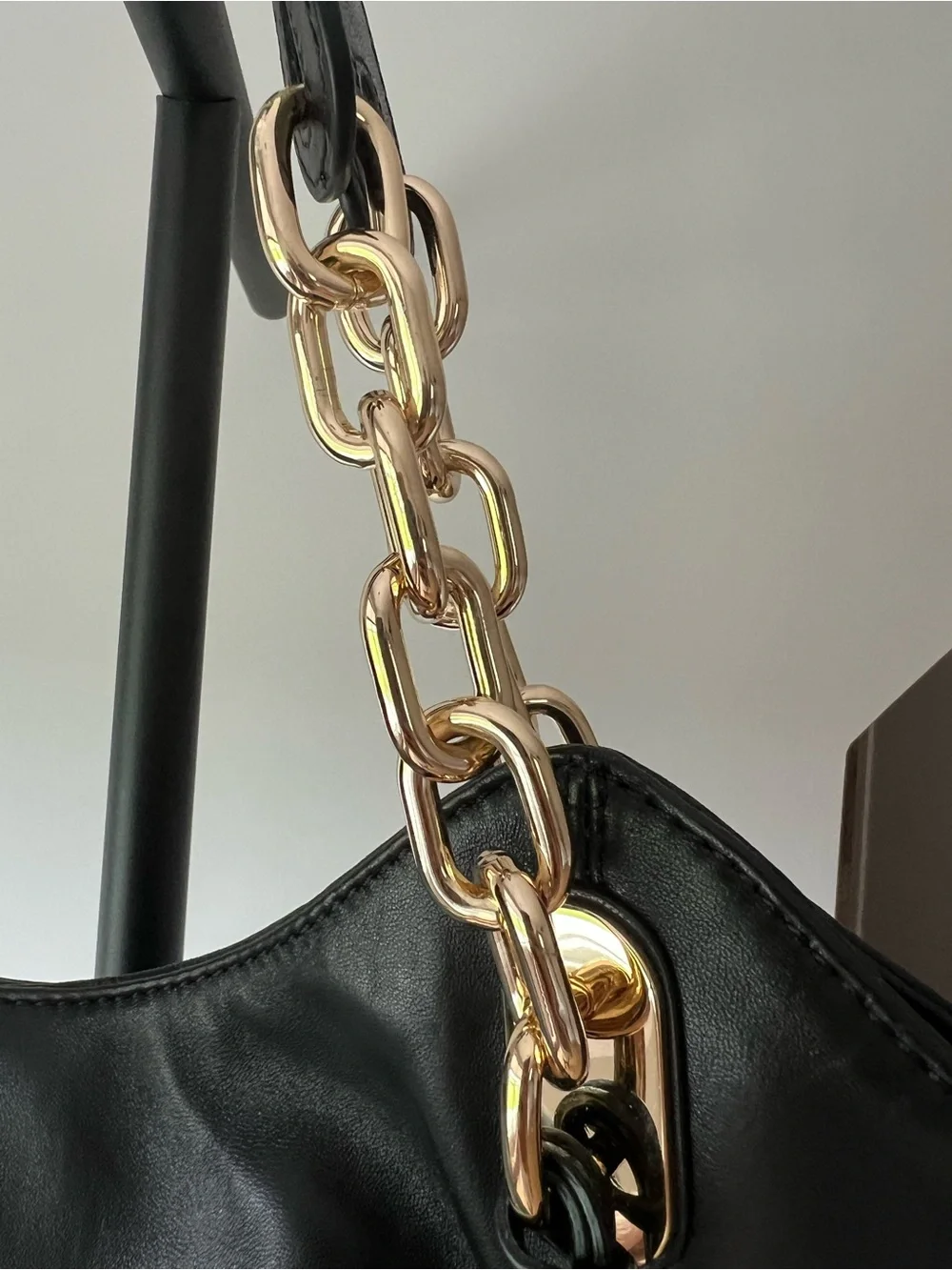Michael Kors Black Leather Shoulder Tote with Gold Chain Handles